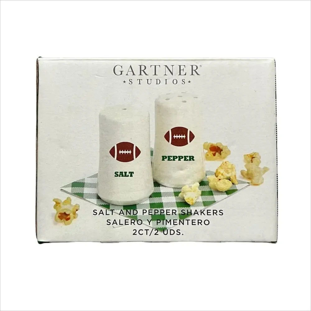 New Gartner Studios Ceramic Football Salt and Pepper Shakers Set NIB